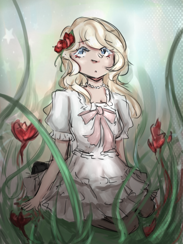 A drawing of me in a field, wearing a white dress